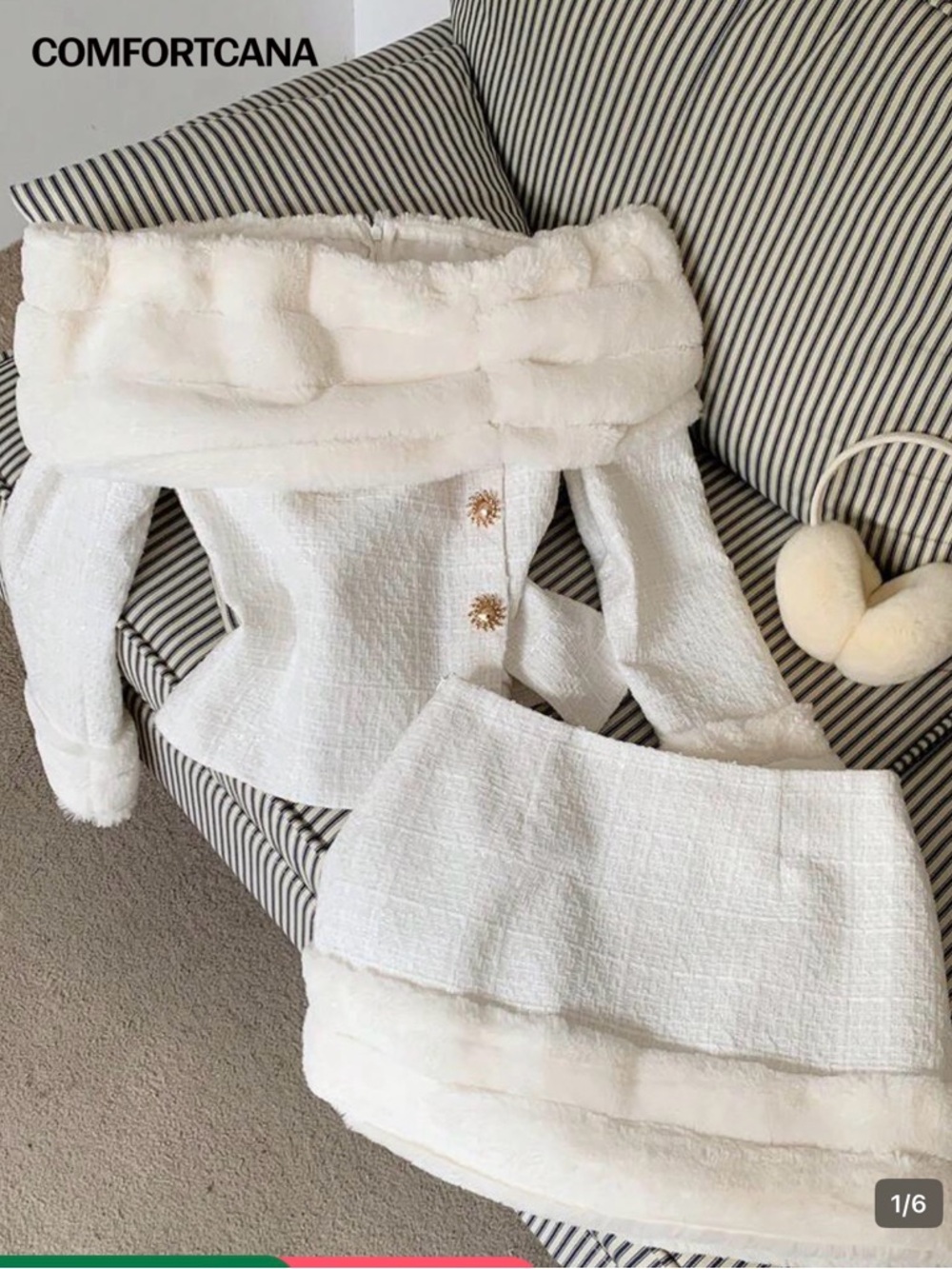 White Faux-Fur Trim Tweed Mini Skirt